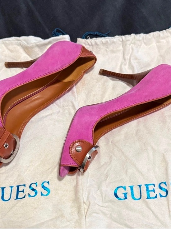 Guess Shoes - GUESS Pink Suede Peep-Toe Heels with Brown Trim & Buckle